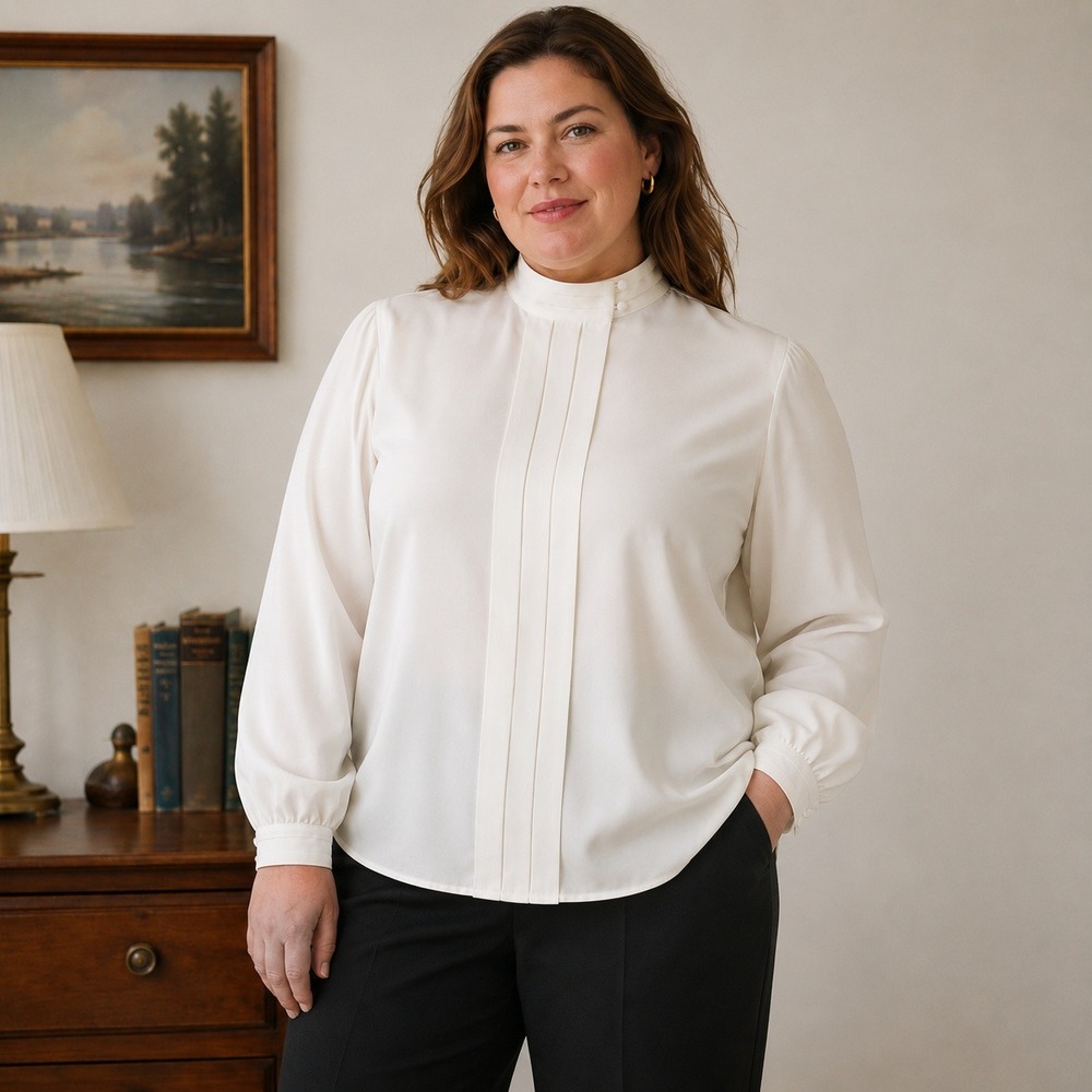 Vintage Orvis Pleated Blouse Ivory Mock‎ Neck Long Sleeve Career Top Women's 14